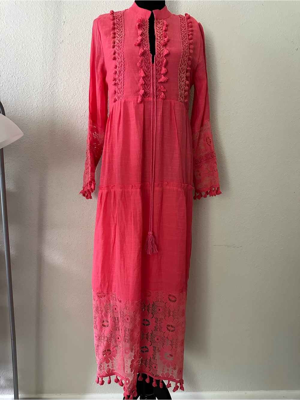 Boho Tassel Tie Maxi Dress in Coral Pink